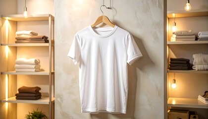 A plain white t-shirt hangs on a wooden hanger against a textured wall, flanked by shelves with folded clothes.