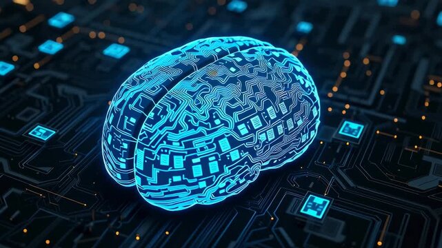 A digital brain model on a circuit board background. - Powered by Adobe