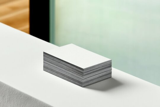 A neat stack of blank white business cards rests on a white surface, with a soft, out-of-focus background. - Powered by Adobe
