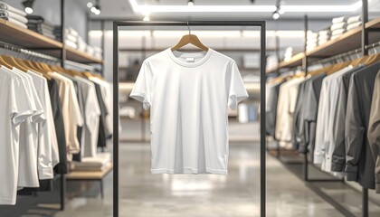 A white t-shirt hangs on a wooden hanger in a clothing store, surrounded by racks of apparel.