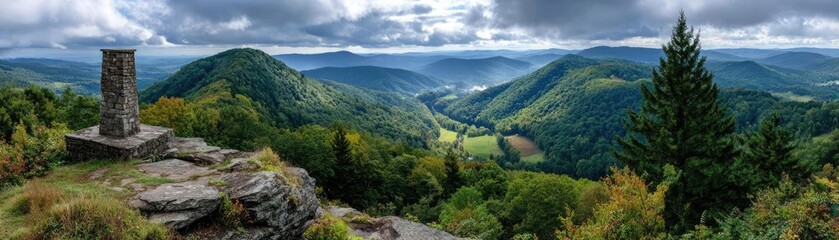 Obraz premium White smoke rises from the chimney concept. Breathtaking panoramic view of lush green hills and valleys.