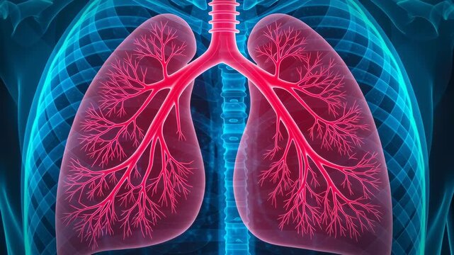 Detailed anatomical illustration of human lungs and respiratory system.