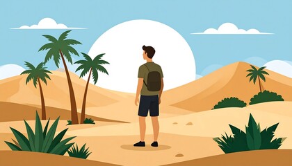 A person with a backpack surveys a desert scene, with sand dunes, palm trees, and a large sun. Clouds dot the sky