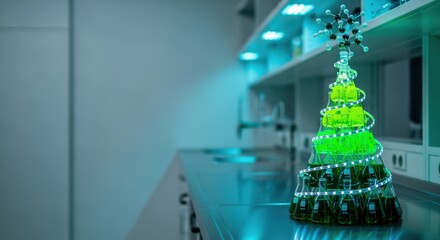 Celebrate science innovation with a festive twist featuring a uniquely designed Christmas tree made of beakers in a modern laboratory setting