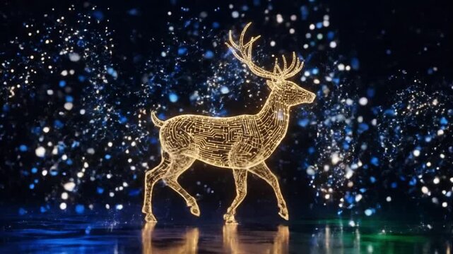 Futuristic Digital Reindeer Made of Glowing Data Circuits