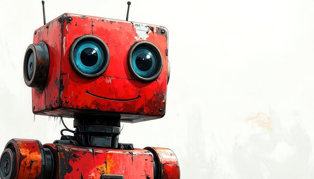 A quirky, friendly robot with a square red head and big blue eyes smiles against a white, subtly textured backdrop. It is old, with signs of wear