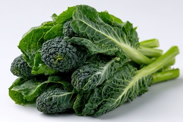 Close up of fresh green kale leaves on white background