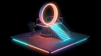Abstract Pixel Art Landscape with Glowing Circle on Stairs Against Dark Sky Backdrop. Luminous Retro Voxel Neon Colors with Dark Background Isometric View