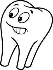 Cute cartoon tooth illustration with a happy expression. Playful dental character art in clean black line style. Perfect for dentistry, kids education, and oral care designs. 