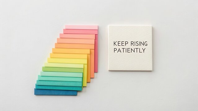 Colorful sticky notes arranged in a rainbow pattern with a motivational quote about patience and perseverance on a white background - Powered by Adobe