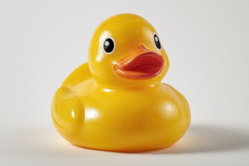Close up of a yellow rubber duck on a white surface