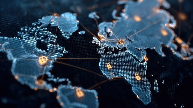 Global Cybersecurity Connections Represented by Padlocks on a Digital World Map Showcasing Network Security and Data Protection Efforts