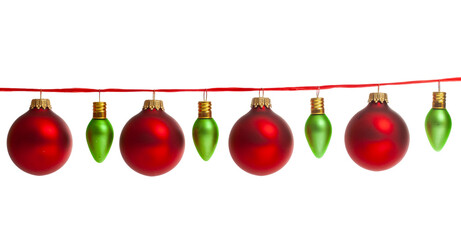 Red Christmas balls and green light ornaments hanging on a ribbon on a transparent backgournd.