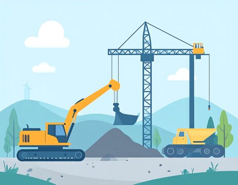 A cartoon construction scene depicts an excavator and crane working near a dump truck and a pile of dirt, set against a blue sky with hills and clouds