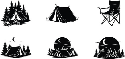 Camping Scene Silhouette Set, Tent, Campfire, Pine Trees, Moonlight, Outdoor Adventure Icons, Minimal Black Vector, CAD Drawing Flat Vector Illustration