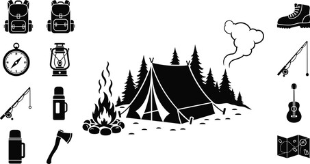 Camping Gear and Scene Silhouette Set, Tent, Campfire, Backpack, Lantern, Guitar, Map, Pine Trees, CAD Drawing Flat Vector Illustration