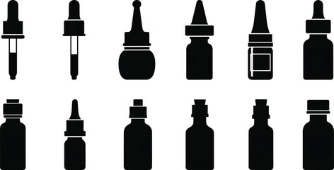 Dropper Bottle and Nasal Spray Silhouette Set, 12 Packaging Icons, Medical Cosmetic Containers, Dispensing Nozzles, Vial Designs, Minimal Black Silhouettes