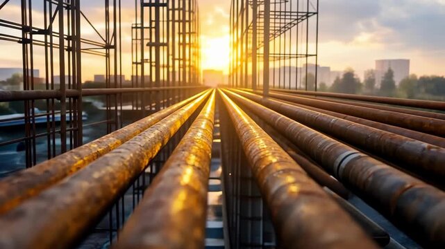 Construction rebar at sunset, symbolizing progress and industrial development.