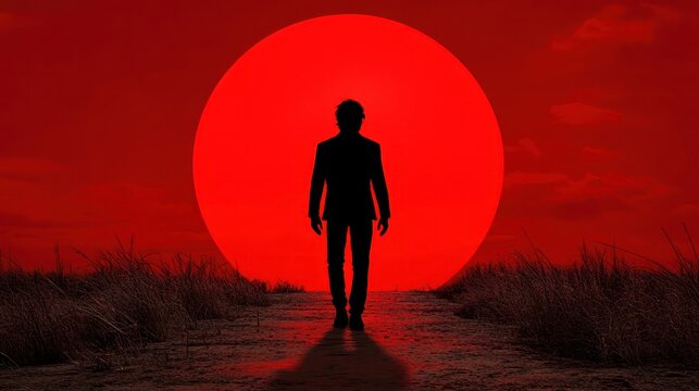 Silhouette figure walks toward a large red sun