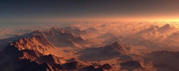 Mars landscape showing rock desert and sky concept. Breathtaking aerial view of majestic and rugged mountain range.