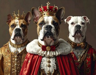 Three regal canines in royal attire, adorned with crowns and ornate robes