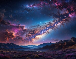 Naklejka premium Stunning nightscape view with a galaxy over mountainous landscape
