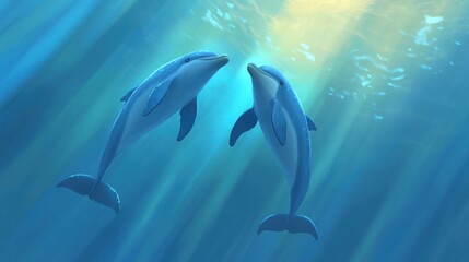 Obraz premium Two dolphins in a sunlit underwater scene