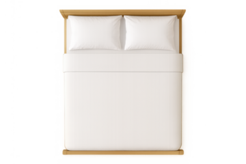Double bed with white sheets and pillows on transparent background, top view bedroom furniture