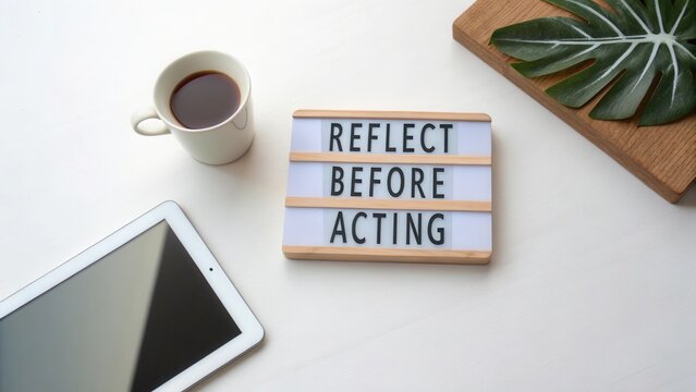 Reflect Before Acting Concept with Coffee, Tablet, and Green Leaf Setting for Mindfulness and Productivity Themes