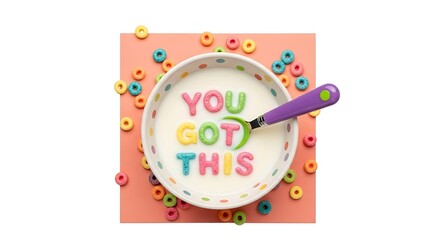 Bowl of cereal with colorful letters spelling you got this