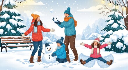 Joyful family creating winter memories, building snowman and making snow angels in a festive, snowy park setting with glowing lights