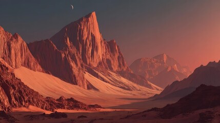 Naklejka premium Mars landscape showing rock desert and sky concept. Stunning alien landscape with mountains and a sunset view.
