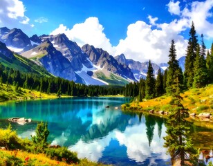Obraz premium Stunning vista of mountains, clear lake, and vibrant forests