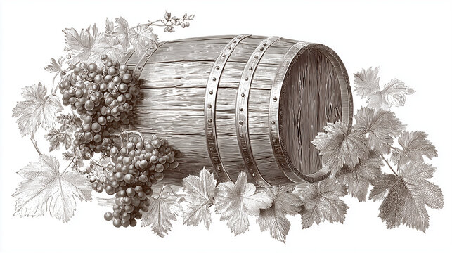 Wooden barrel surrounded by grapevines and leaves
