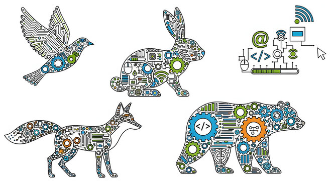 Creative business strategy concept with animal symbols representing digital innovation and technology