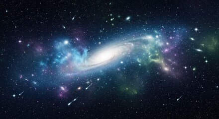 Dazzling spiral galaxy illuminated by cosmic dust and vibrant nebulae, a breathtaking celestial spectacle with shooting stars streaking across the infinite night sky.