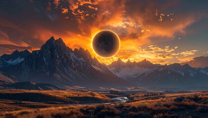 Stunning vista of mountains with an eclipse, golden sunset hues