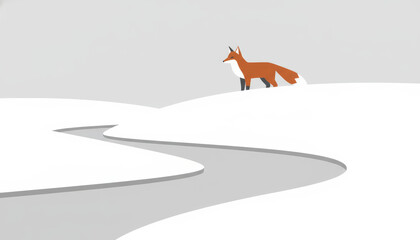 Obraz premium A simple, graphic illustration featuring a stylized red fox standing on a snowy hilltop overlooking a flat, gray, winding path or river that runs through the white, minimalist winter landscape. 