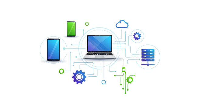 Modern technology concept illustrating data synchronization and cloud computing with a laptop, smartphones, and server network