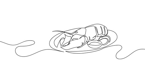 One continuous strand of lobster seafood one line illustration. Vector linear illustration. Editable stroke.