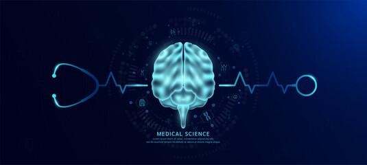 Organ brain hologram in transparent with stethoscope. Genetic icons are around. Medical science banner dark blue. Health care concept. Vector EPS10.