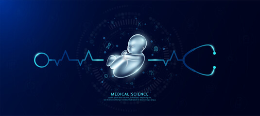 Embryo hologram in transparent with stethoscope. Genetic icons are around. Medical science banner dark blue. Health care concept. Vector EPS10.