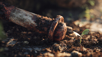 Fototapeta premium A small sprout grows near a rusty bolt in the soil, symbolizing resilience and new beginnings.