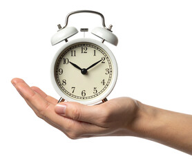 hand holding an alarm clock in white color isolated on white background