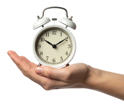 hand holding an alarm clock in white color isolated on white background - Powered by Adobe