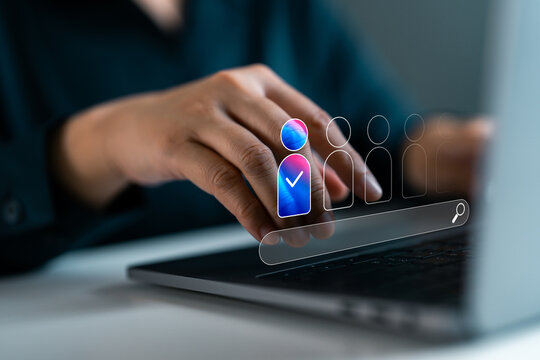 Human resources manager using laptop with online hiring, employee management, candidate verification, profile selection and smart HR recruitment solutions technology in business.