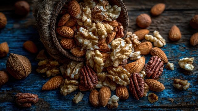 Nuts including walnuts and almonds spilling from a basket - Powered by Adobe