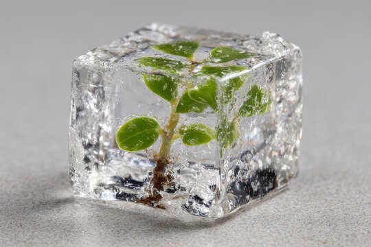 Tiny plant frozen inside an ice cube melting rapidly - Powered by Adobe