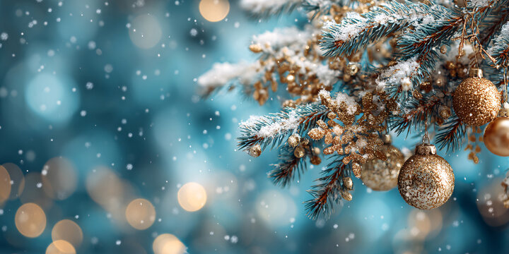 Bright light blue festive Christmas background with fir branches, garlands, golden Christmas tree decorations, golden snowflakes, bokeh effect, with space for text. Horizontal holiday banner