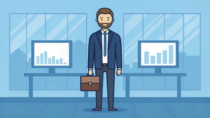 Business income creation business income creation entrepreneur businessman office briefcase suit tie male cartoon illustration flat modern workplace desk monitor chart graph analytics growth